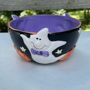 Rare Halloween Ghost Pumpkin Bowl Candy Dish Bow Stars Jack O’ Lantern